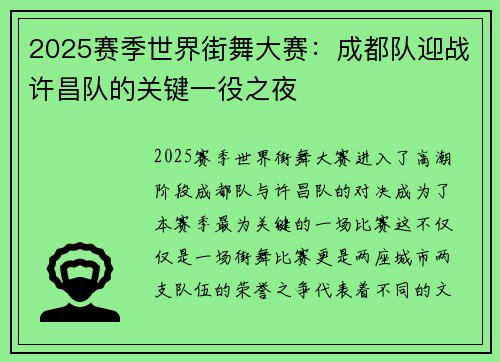 2025赛季世界街舞大赛：成都队迎战许昌队的关键一役之夜